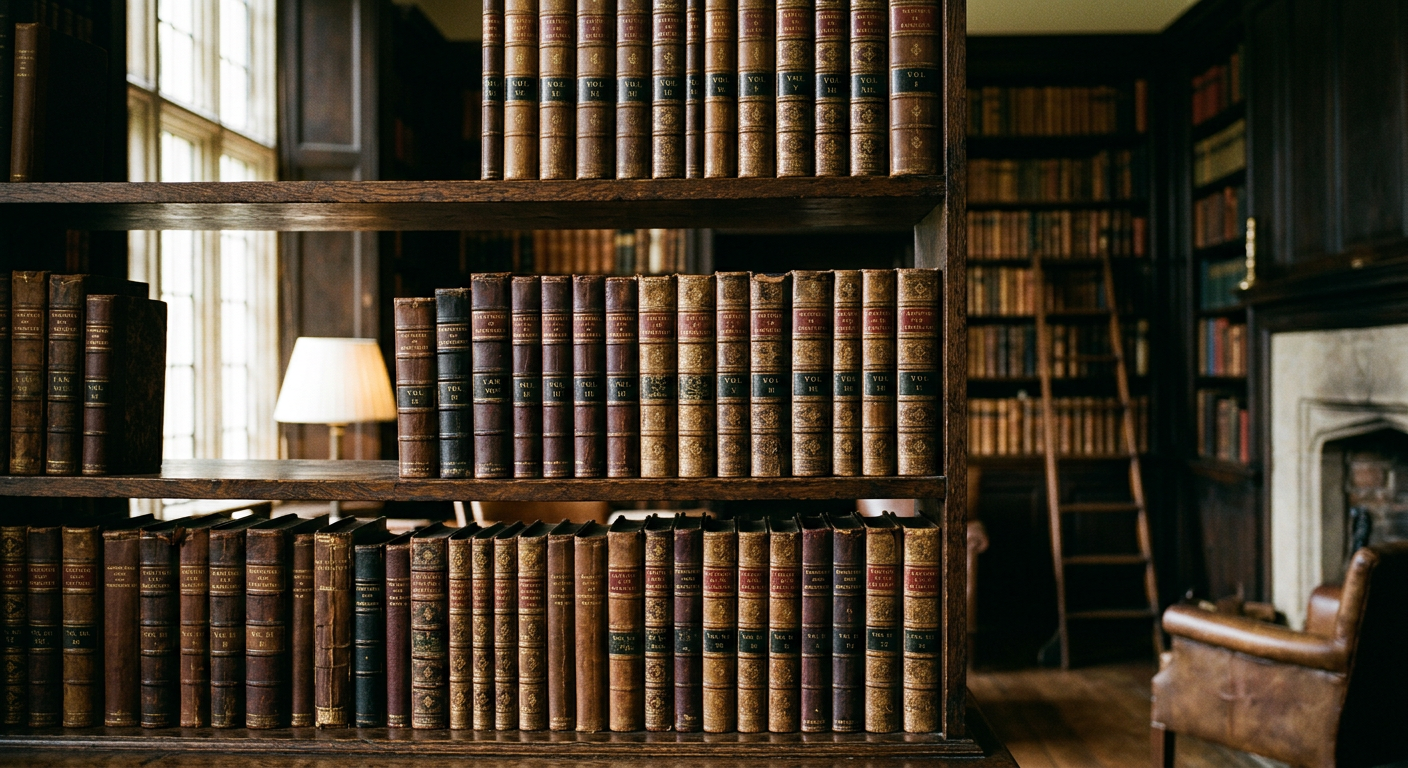 Rows of leather-bound law books on timber shelves